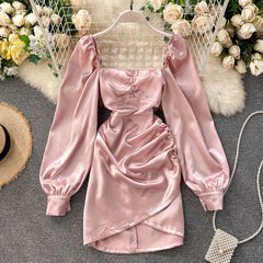 New 2022 Elegant Women Satin Dress Spring Autumn Vintage Square Collar Ruffles Bodycon Dresses Ladies Sexy Short Dress Vestidos
