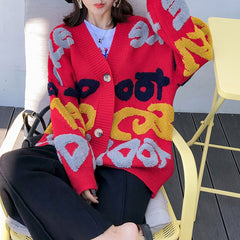 Casual Oversize Letter Print Cardigan Sweater Female Fashion Thick Warm Korean Knitted Coat Outwear Knitwear 2022 Winter Jersey