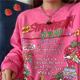 QWEEK Kawaii Pink Strawberry Print Women Hoodie Korean Fashion Oversize Sweatshirt American Retro Streetwear Cute Pullover Tops