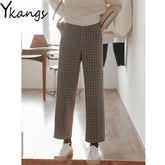 Plaid Woolen High Waist Button Straight Pants Vintage Simple Korean Ankle Length Pants Harajuku Streetwear Loose Women Trousers