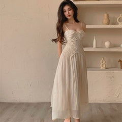 Elegant Camisole Dress Vintage Women Sexy High Waist Folds Fairy Strap Dress Evening Party 2022 Summer One Piece Dress Korean