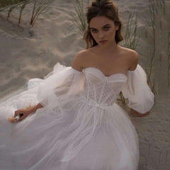 Fairy Vintage Boho Wedding Dresses Dots Tulle Detachable Puff Long Sleeve Bride Dress Plus Size Beach Wedding Gowns Bow Lace Up