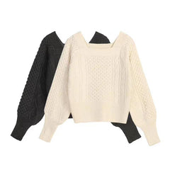 New Autumn Lazy Temperament Blouse Women's Square Collar Lantern Sleeve Twist Pullover Sweater Knit Bottoming Shirt DF621