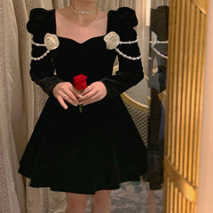 Velvet Vintage Elegant Dress Women 2022 Flower French Evening Party Mini Dresses Ladies Black Casual Korean Style Dress Winter