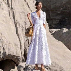 Lizakosht  white gown dress women cotton hollow out V-neck elegant maxi ladies dress chic short sleeve summer dress new