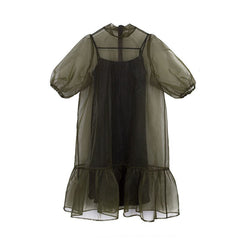 Lizakosht - Vintage High Street Midi Dress Women Loose Puff Sleeve Fairy Korean Party Dress Female Streetwear Casual Y2k Dress Summer