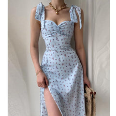Wepbel Side Split Dresses High Waist Light Blue Sexy Dress Women Sleeveless Sexy Lace-up Waist-Tight Clubwear Low Cut Dress