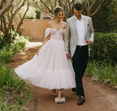 SoDigne Pink Dot Tulle Prom Dress 2021 Sweetheart Short Sleeves Evening Dresses Tea-Length A-Line Party Gowns For Women