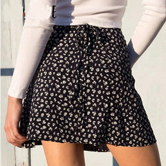 Lizakosht Grunge 90s Streetwear Mini Skirts High Waist Flower Print Bow Bandage Aline Skirt Vintage Fashion Women Slim Clothes