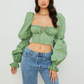 Lizakosht  Women Summer Top Y2k  New Arrivals Floral Printing Sexy Crop Top Long Sleeve Green Female Crop Top for Party Club