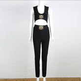Hot Sale Women Summer Fashion Sexy V Neck Sequined Black Pink Two Piece Bandage Set 2021 Celebrity Designer Fashion Women's Set