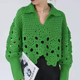 New  Spring Autumn Women Sweater Pullovers Knitted Korean Fashion Hollow Out Irregular Jumpers Short Tops