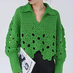 New Spring Autumn Women Sweater Pullovers Knitted Korean Fashion Hollow Out Irregular Jumpers Short Tops