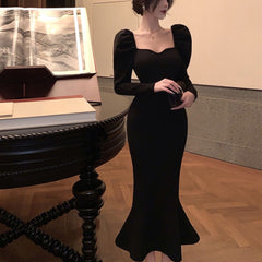 Lizakosht Black Elegant Evening Party Dress Women Slim French Vintage Y2k Midi Dress ladies Sexy Korean Fashion Dress Fishtail Winter