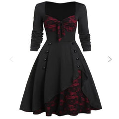 Women Christmas Dress Autumn Plus Size Party Flower Lace Insert Mock Button Bowknot Retro Vintage Fashion Chic Female Dress