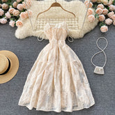 Summer Jacquard Party Dress Women Fashion Square Neck Beaded Elegant Dress Ladies Sweet French High Waisted Midi Dress