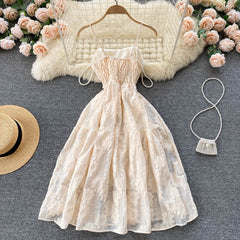 Summer Jacquard Party Dress Women Fashion Square Neck Beaded Elegant Dress Ladies Sweet French High Waisted Midi Dress