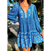 GypsyLady Floral Vintage Mini Dresses Autumn Boho Women Holiday Dress Long Sleeve Hippie Tie Up V-neck Sexy Ruffles Girls Dress