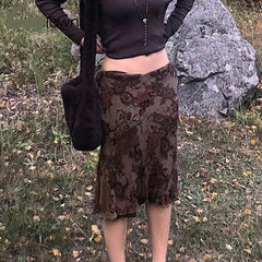 Lizakosht Goth Girl Midi Skirts Womens Floral Print Vintage Aesthetic Kawaii Clothes Dark Academic Low Waist Mid-Calf Skirt