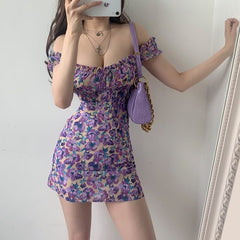 Summer Floral Dress Puff Sleeve Printing French Mini Dress Women Vestidos De Verano Short Sleeve Sexy Club Dress Ladies Dresses