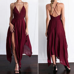 Lizakosht New Women Sexy Party Dress Spaghetti Strap V-neck Sleeveless Chiffon High Slit Irregular Mid Long Dress Vestidos