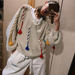 Autumn Winter Women's sweaters Europe Loose Tassel Pullover Sweater Deep V Neck Sweater Women