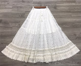 Lizakosht white eyelet skirts for women elastic waist tassel tied pom pom trims summer skirt long bohemian skirts womens