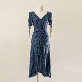 Lizakosht New Women Elegant Floral Dress V-neck Short Sleeve Wrapped Dress Drawstring Slim Autumn Tea Dress Midi Dress Vestidos
