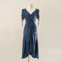 Lizakosht New Women Elegant Floral Dress V-neck Short Sleeve Wrapped Dress Drawstring Slim Autumn Tea Dress Midi Dress Vestidos