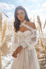 Lizakosht Soft Tulle Boho Wedding Dress Long Puff Sleeve Floral Lace Pearls Bride Dress 2022 Beach Off Shoulder Wedding Party Gowns