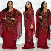 Lizakosht African Dresses for Women Dashiki Diamond African Clothes Bazin Broder Riche Sexy Slim Ruffle Sleeve Robe Evening Long Dress