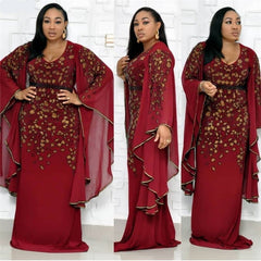 Lizakosht African Dresses for Women Dashiki Diamond African Clothes Bazin Broder Riche Sexy Slim Ruffle Sleeve Robe Evening Long Dress