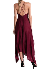 Lizakosht New Women Sexy Party Dress Spaghetti Strap V-neck Sleeveless Chiffon High Slit Irregular Mid Long Dress Vestidos