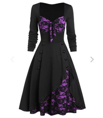 Women Christmas Dress Autumn Plus Size Party Flower Lace Insert Mock Button Bowknot Retro Vintage Fashion Chic Female Dress