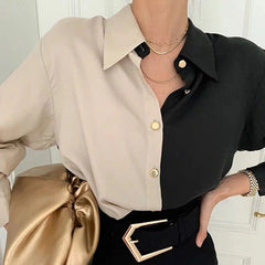 HOUZHOU Vintage Elegant Chic Women Blouse Office Lady Long Sleeve Patchwork Oversize Shirt Korean Style Loose Casual Top Female