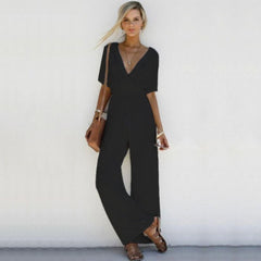 Women's Jumpsuit Sexy Cross Deep V Neck Half Sleeve Lace Up High Waist Wide Leg Pants Solid Elegant 2022 Summer Chic Jumpsuits