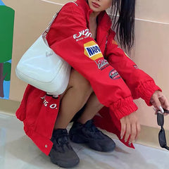 women winter jacket Coat Red Printed zipper Long Sleeve racing Jackets Vintage Sport Style Polyester Bomber Jacket Women 2021