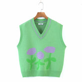 Floral Print Knitted Sleeveless Sweater Women Vest Spring Autumn V Neck Waistcoat Pullovers Green High Fashion Vintage Tops