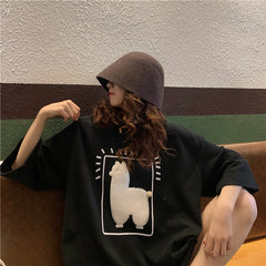 Lizakosht  Cartoon Alpaca Animal Printed Casual Loose Oversize Korean Style 2021 Summer Short Sleeve Women Top Female T-shirts