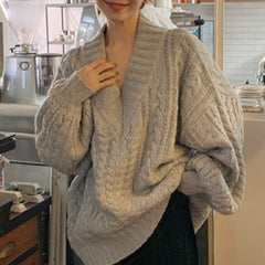 Korean Chic Popular Sweater Early Autumn Lazy Style High-quality Sense Of V-neck Twist Loose Knit Top Winter Clothing Ladies Top