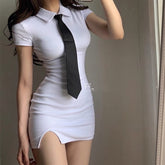 Womens Dresses New Arrival Summer Preppy Style Turn-Down Collar Tie Short Sleeve Slit Tshirt Dress 2000s Tight Knit White Dress