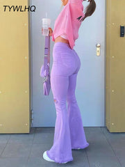 Streetwear Y2k Flared Jeans Women High Waist Fashion Purple Stretch Baggy Mom Jeans Wide Leg Pants Elegant Denim Trousers 90S