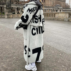 Autumn Winter Long Double Sided Print Tweed Coat Elegant Lapel Lace-up Fashion Cardigan Jacket Women Long Sleeve Loose Outerwear