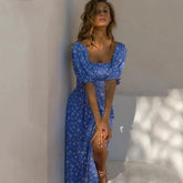 Summer Dress For Women 2022 Puff Sleeve Midi Dress Vintage Square Neck Floral Print Split Sundress Holiday Casual Dresses Women