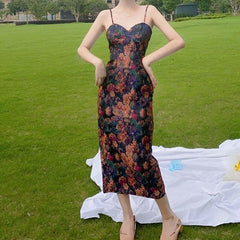 Bella Philosophy 2022 Summer Floral Print Strap Dress French Vintage Designer Chic Slim Dress Sexy Party Night Club Lady Dress