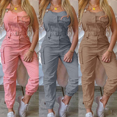 Lizakosht Women Casual Cargo Playsuit Sleeveless O Neck Jumpsuit With Pocket and Belt Elegant Pencil Pants Overalls