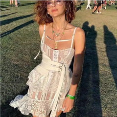 Lizakosht Lace High-low Sexy Summer Dress White Straps Belt Tied Women Dress D-ring Holiday Chic Ladies Party Dresses