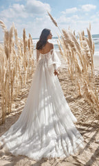Lizakosht Soft Tulle Boho Wedding Dress Long Puff Sleeve Floral Lace Pearls Bride Dress 2022 Beach Off Shoulder Wedding Party Gowns