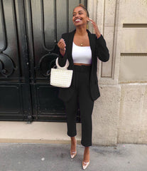 Classic Office Blazer Suit Two Piece Set 2021 Women Casual Commute Cropped Pants Suits Solid Color Mid Length Blazer with Pocket