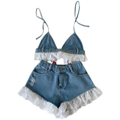 Lolita Girls Blue Denim Lace Two Piece Set Y2K Women Bustier Camis Crop Top High Waist Shorts Outfits Sexy Femenino 2 Piece Set
